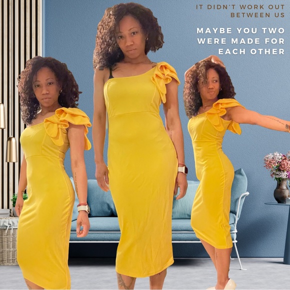Yellow Mokoru Ruffle One Shoulder Bodycon Elegant Cocktail Party Midi Dress. - Picture 2 of 3